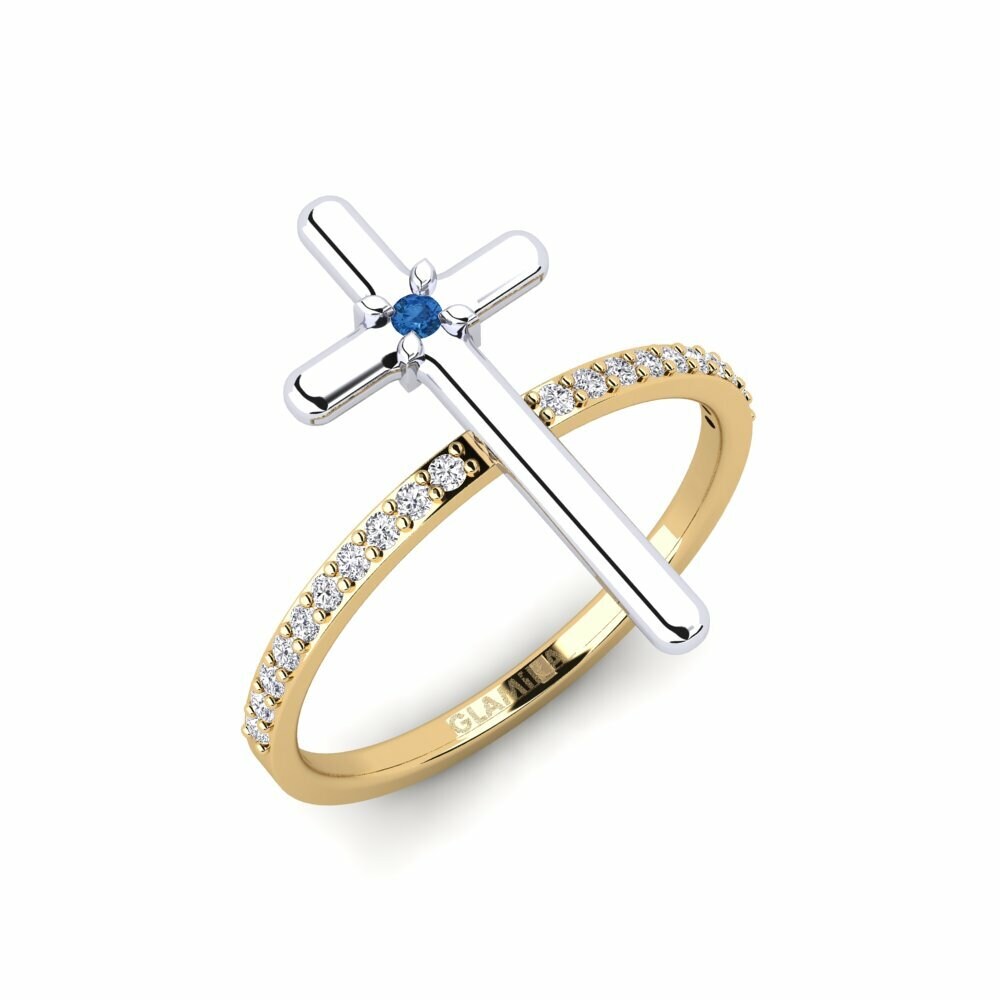 Or Jaune & Blanc 18k Zircone Bleu Foncé Bague Quin