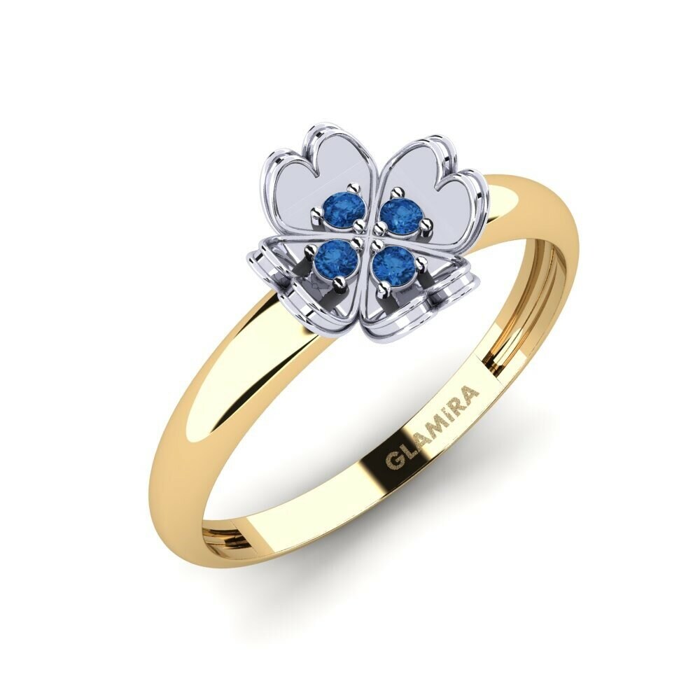 Or Jaune & Blanc 18k Zircone Bleu Foncé Bague Unwalked