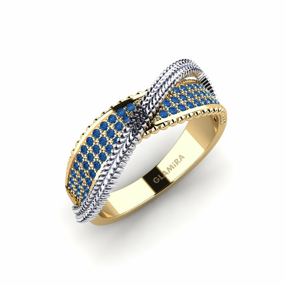 Or Jaune & Blanc 18k Zircone Bleu Foncé Bague Vhallarya