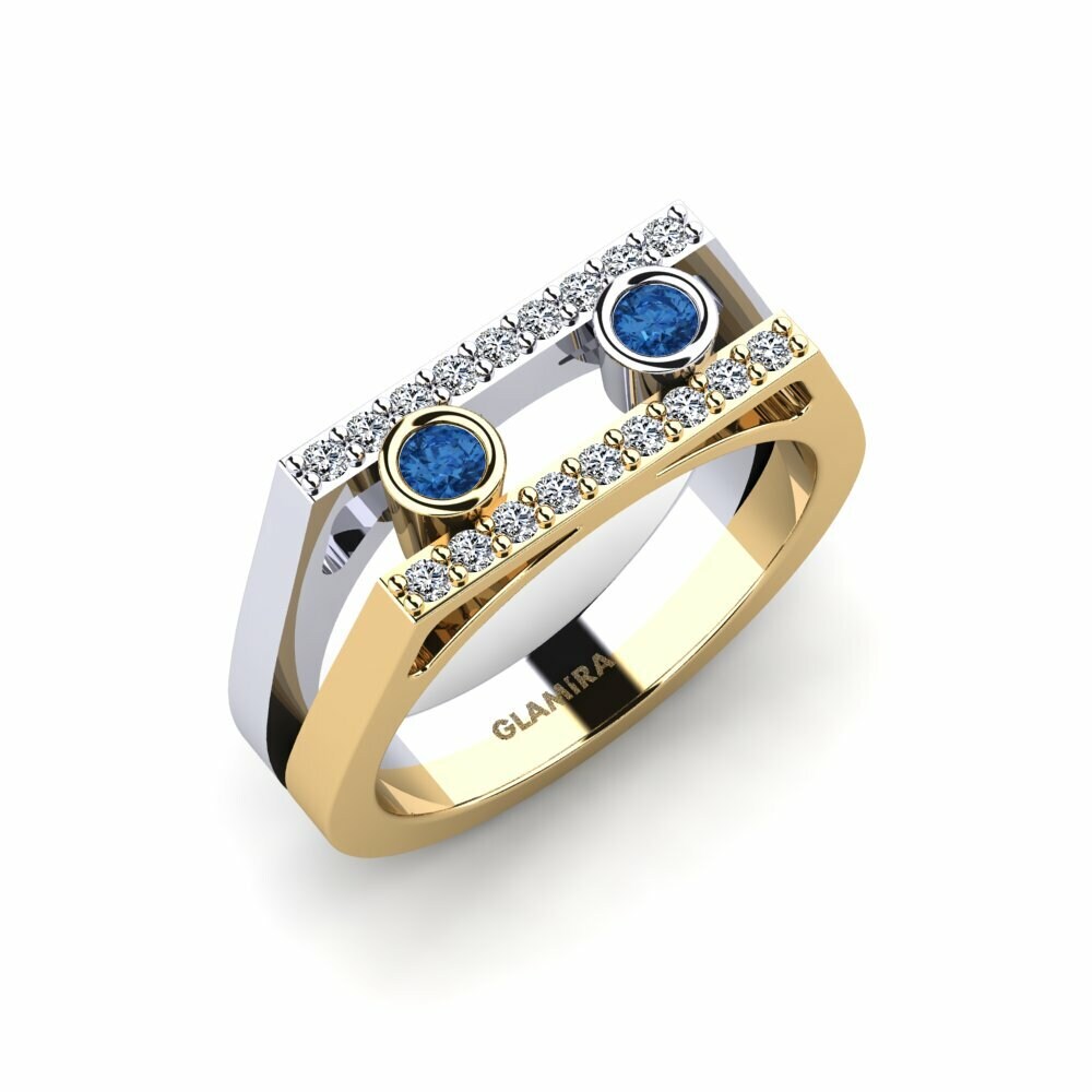 Or Jaune & Blanc 18k Zircone Bleu Foncé Bague Violentis