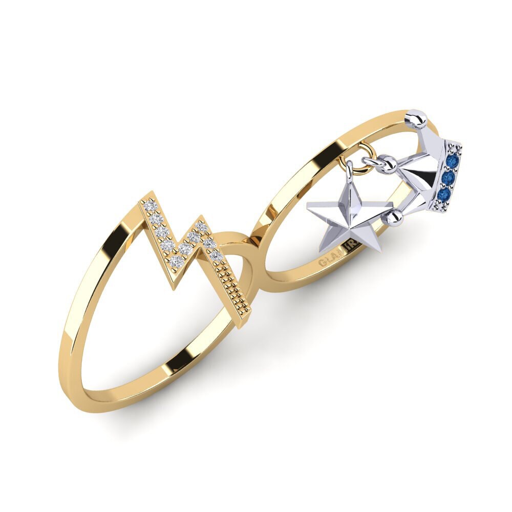 Or Jaune & Blanc 18k Zircone Bleu Foncé Bague Powodzy