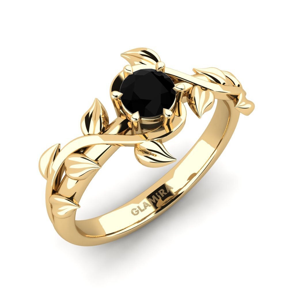 14k Oro Amarillo Diamante Negro Anillo de compromiso Bagu