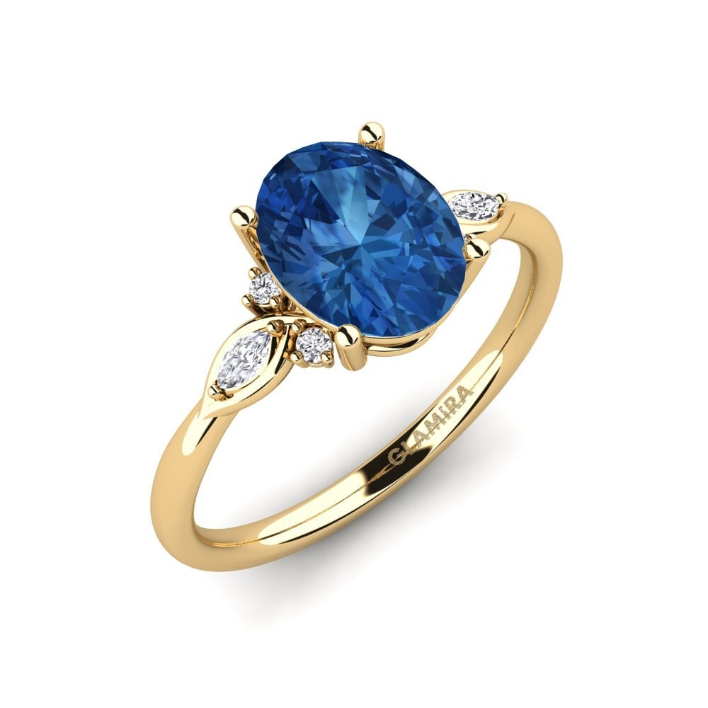 黃色K金-14k 深蓝色氧化锆 订婚戒指 Gisu - Oval 1.62 crt