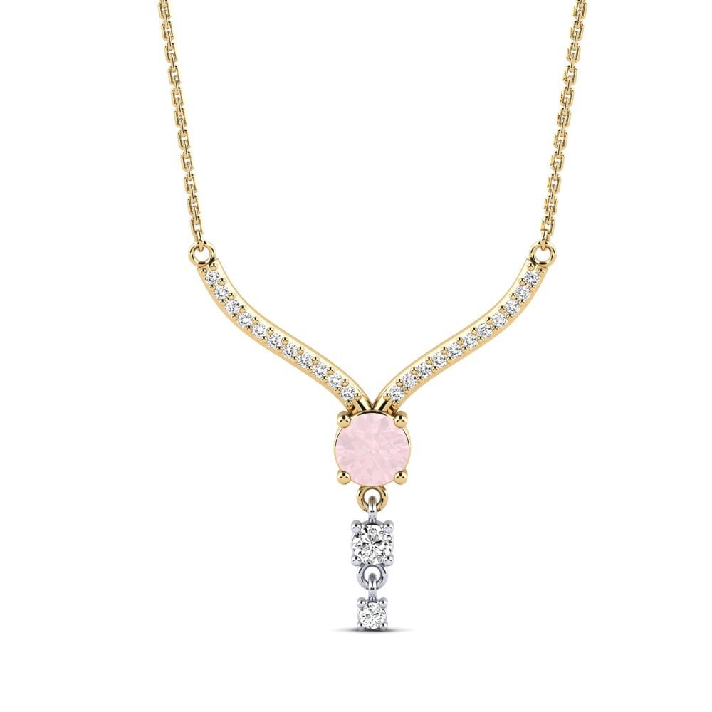 14k Oro Amarillo & Blanco Cuarzo rosa Collar de Mujer Bonfilia