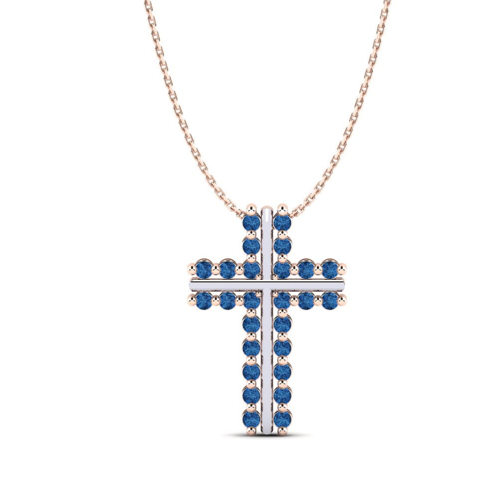Różowe & Białe Złoto 585 Ciemnoniebieska cyrkonia Wisiorek damski Crucifix