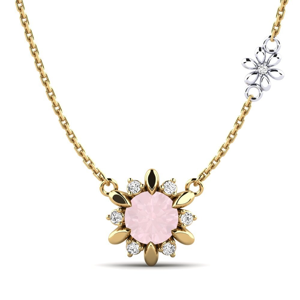 14k Oro Amarillo & Blanco Cuarzo rosa Collar de Mujer Neta