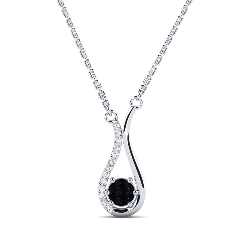 14k Oro Blanco Opalo Negro Collar de Mujer Poelon