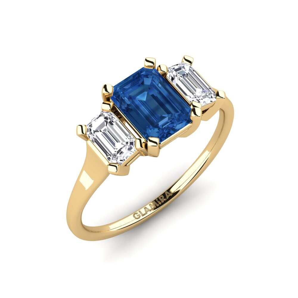 14k Yellow Gold Emerald Cut Dark Blue Zirconia Ring Velourae