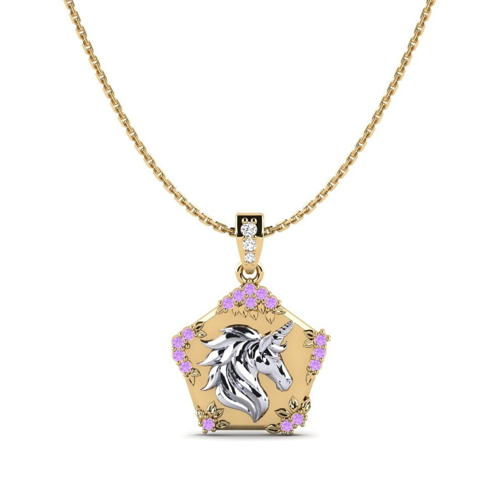 14k Oro Amarillo & Blanco Amatista Colgante de Mujer Exiguo