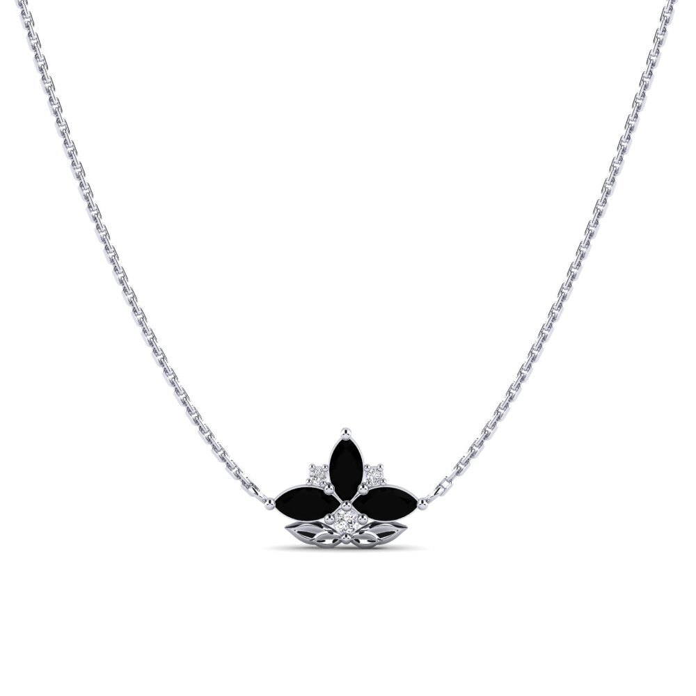 9k Oro Blanco Zafiro negro Collar de Mujer Repousse