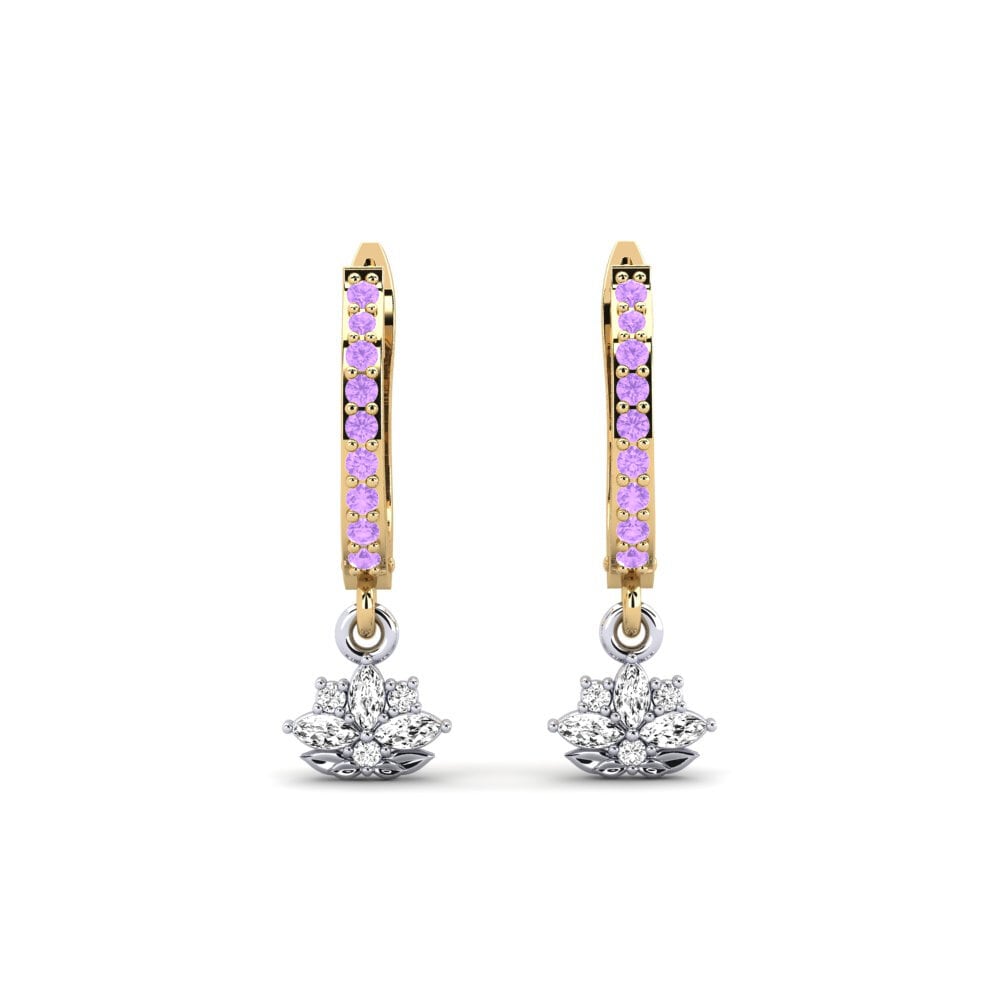 14k Oro Amarillo & Blanco Amatista Pendiente de mujer Herbaria