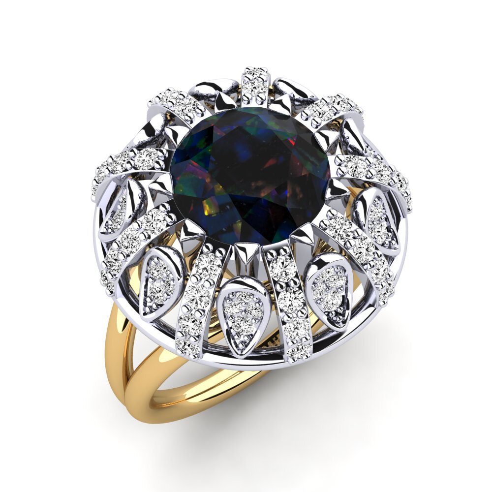 14k Oro Blanco & Amarillo Opalo Negro Anillo de compromiso Cindie