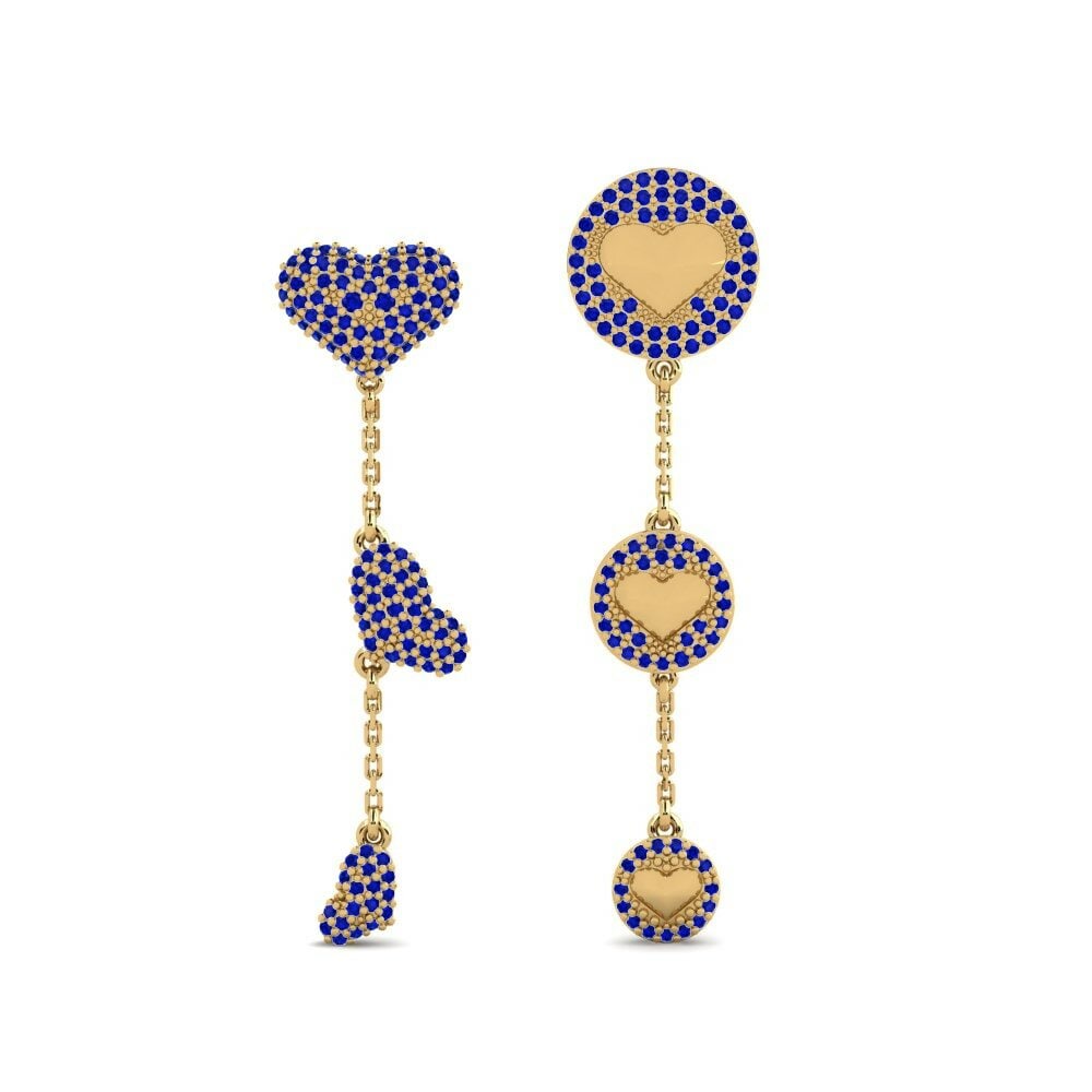 Round 0.856 Carat Drops & Dangle Sapphire 14k Yellow Gold Women's Earring Adoraya Set