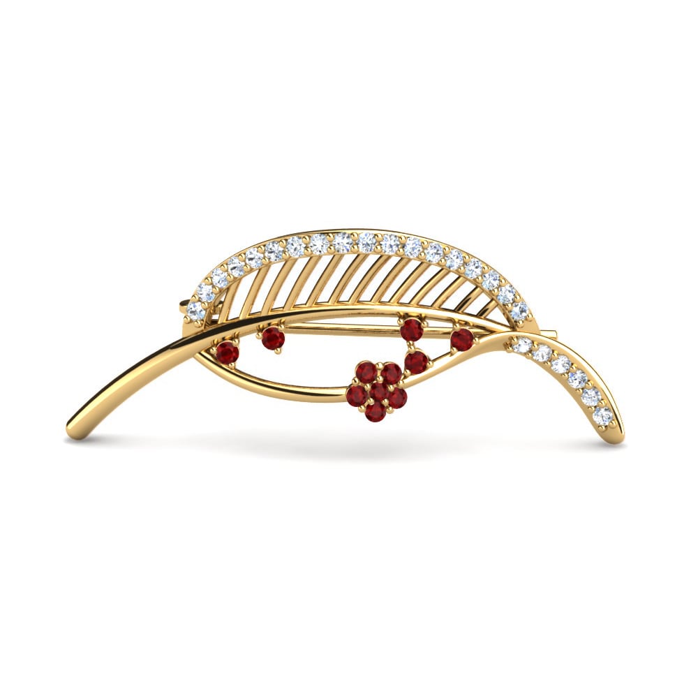 14ct Yellow Gold Red Zirconia Brooch Hoja