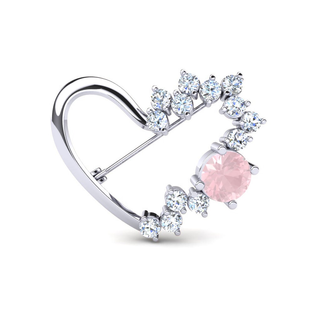18k Oro Blanco Cuarzo rosa Broche Cordate