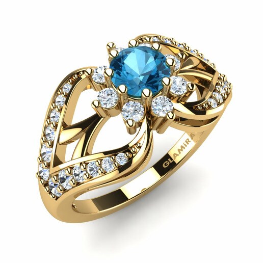 Bridal Set Sumptuous Ring A 585 Yellow Gold & Blue Topaz & Swarovski Crystal