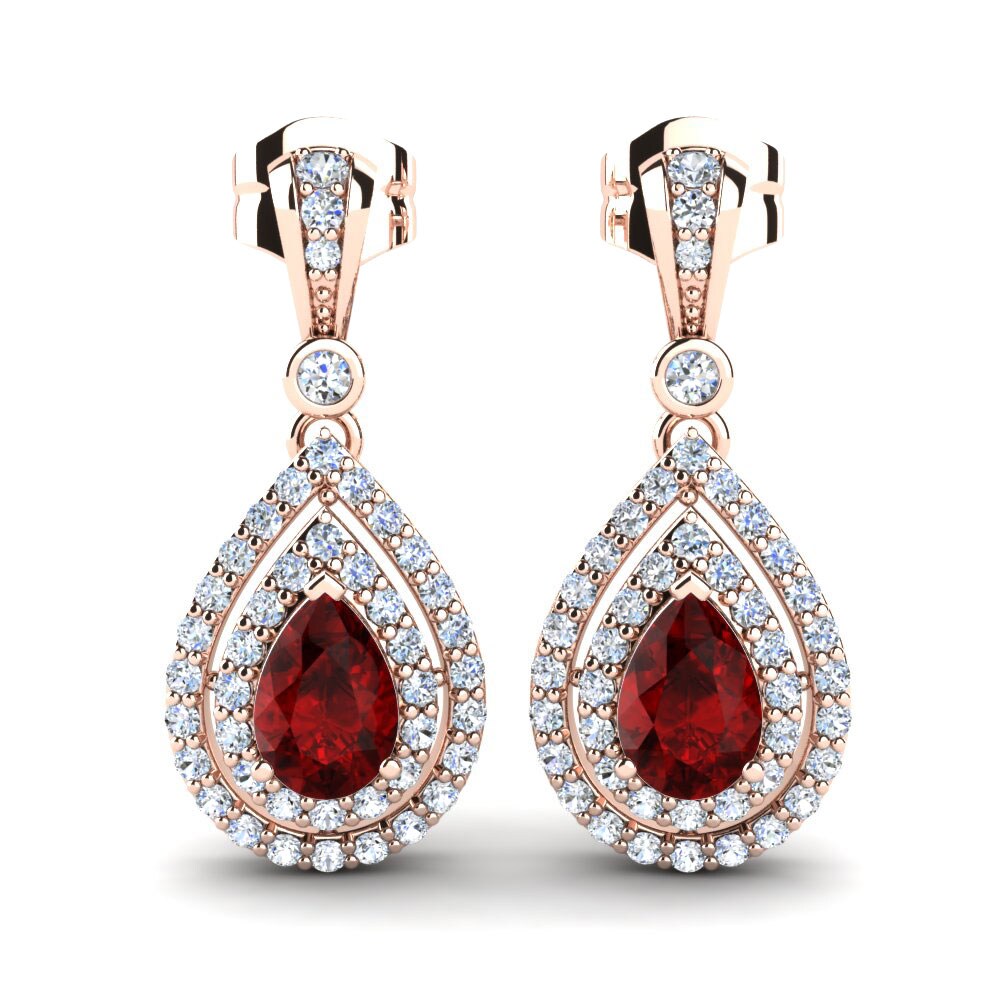 Pendientes 14k Oro Rosa Circonita Roja Gotas y cuelgan