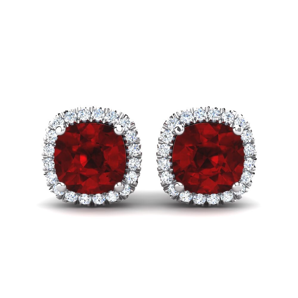 Boucles D'oreilles Clou Cabochon Rouge Zircon - Argent Massif 925, Neuf Sans Boîte