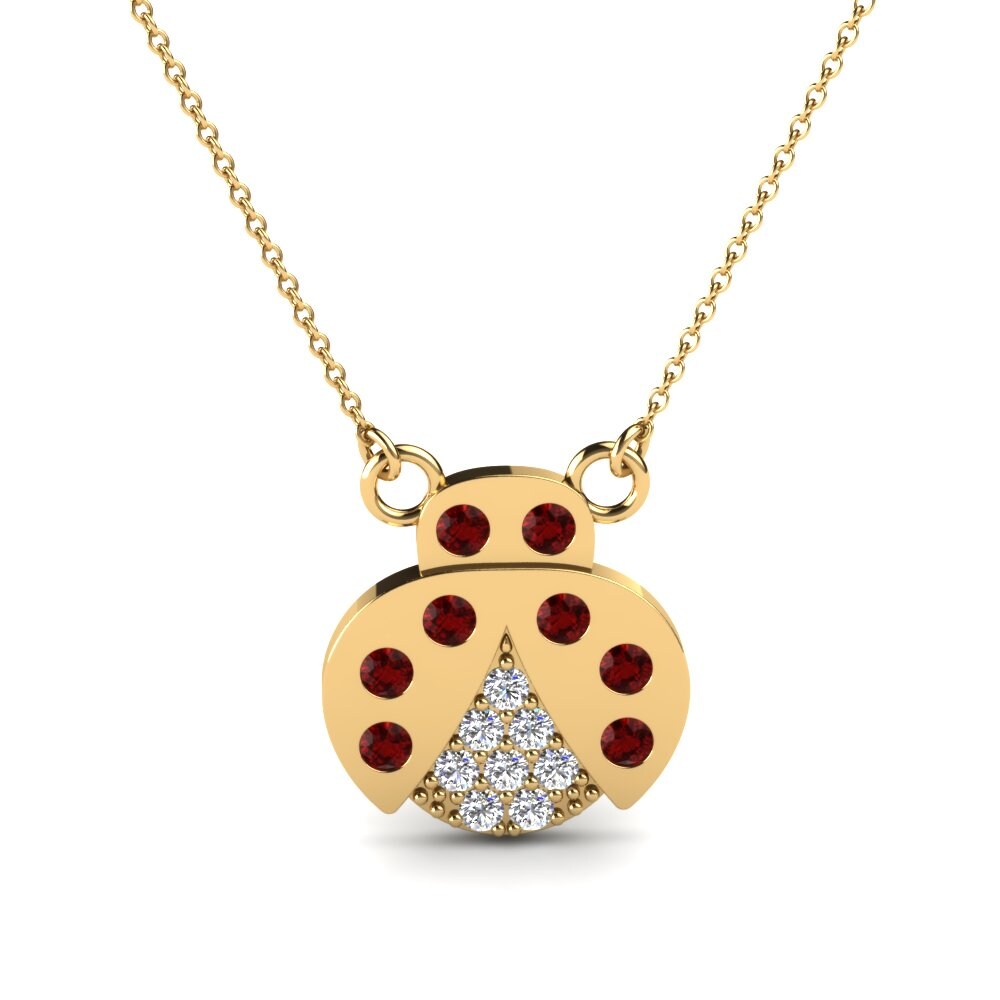 Round 0.56 Carat Animals Swarovski Red 14k Yellow Gold Kid s Necklace Ladybug