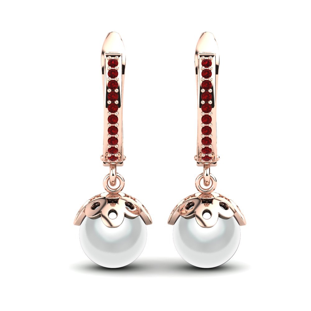 Pendientes 14k Oro Rosa Circonita Roja Perlas