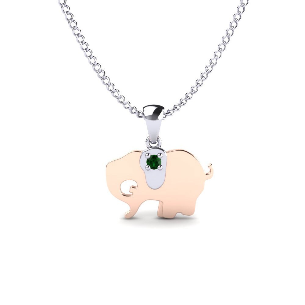 14k Oro Blanco & Rosa Circonita Verde Colgante para Niño Elephant