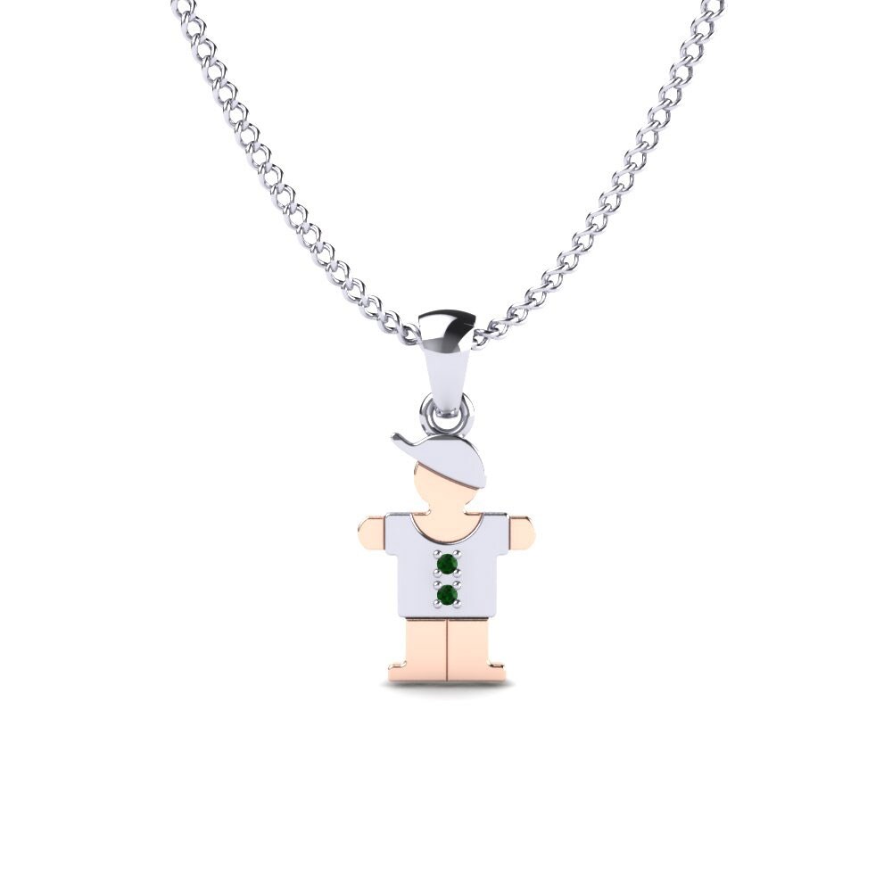 14k Oro Blanco & Rosa Circonita Verde Colgante para Niño Babyish