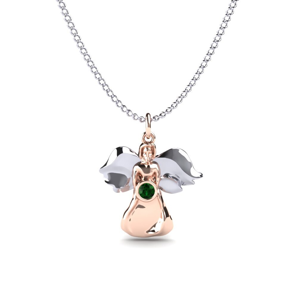 14k Oro Blanco & Rosa Circonita Verde Colgante para Niño Angelical