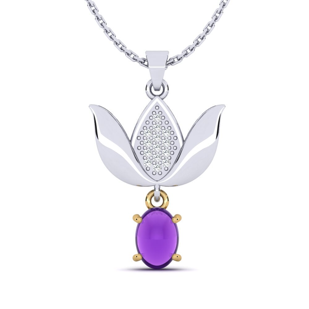 18k Oro Blanco & Amarillo Amatista Cabujón Colgante de Mujer Aberama