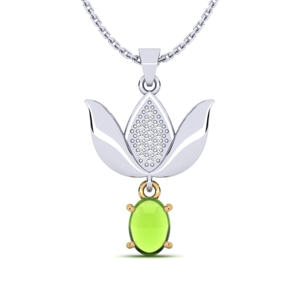 18k Oro Blanco & Amarillo Peridoto Cabujón Colgante de Mujer Aberama