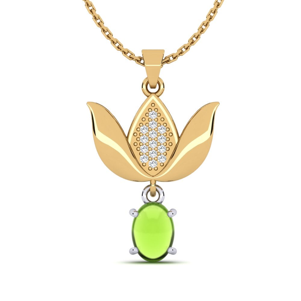 18k Oro Amarillo & Blanco Peridoto Cabujón Colgante de Mujer Aberama