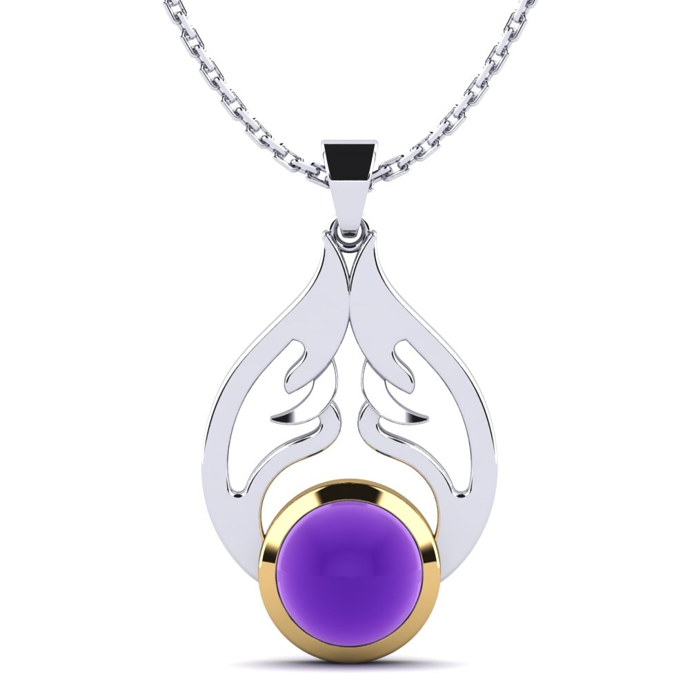 18k Oro Blanco & Amarillo Amatista Cabujón Colgante de Mujer Adad