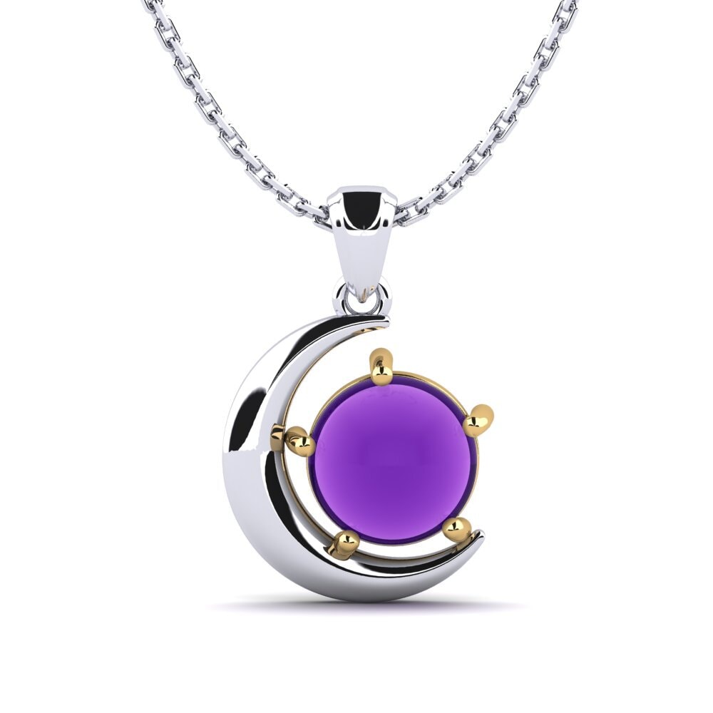 18k Oro Blanco & Amarillo Amatista Cabujón Colgante de Mujer Adelika