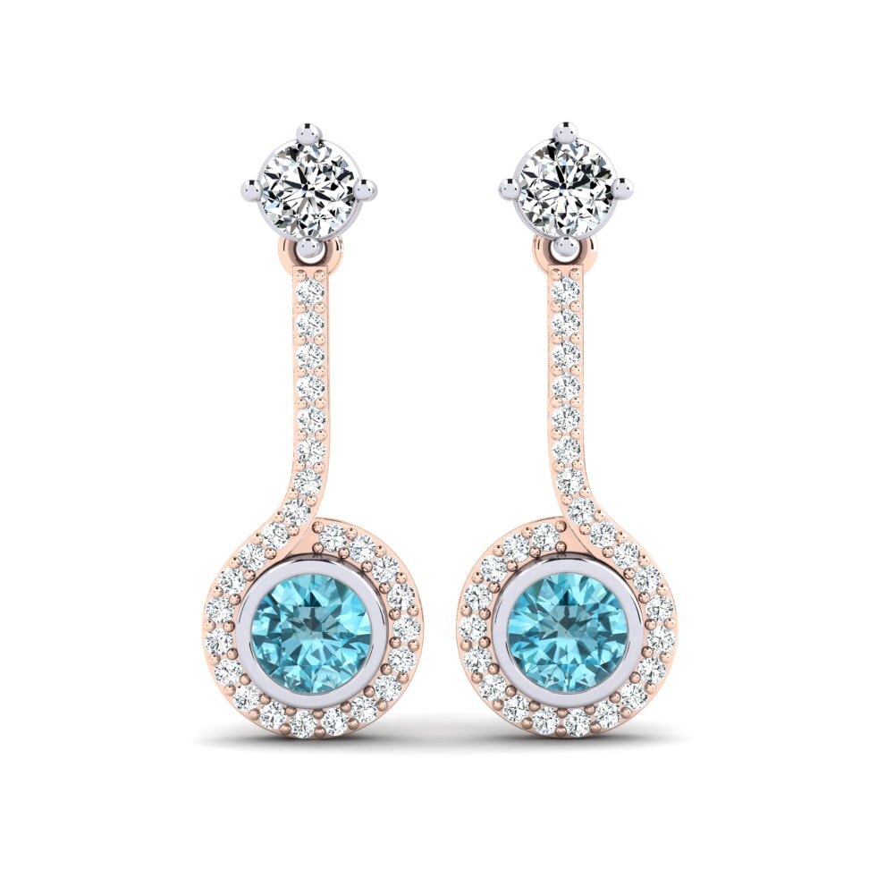 Pendientes 14k Oro Rosa & Blanco Circón Azul Gotas y cuelgan