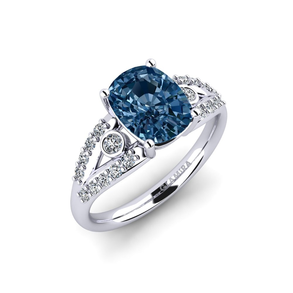 Bague Fiançailles Saphir Coussin Bleu Et Diamants - Or Blanc 14k - Personnalisable