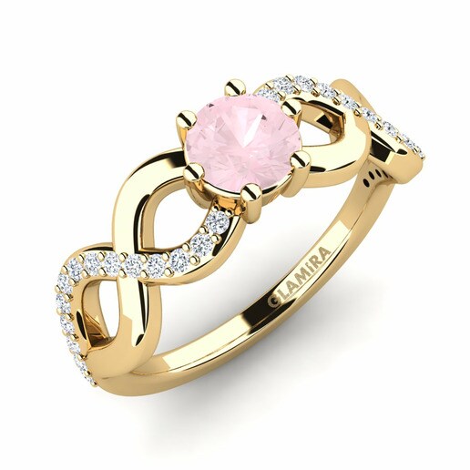 Anillo Bifige Oro Amarillo 585 & Cuarzo rosa & Cristal de Swarovski