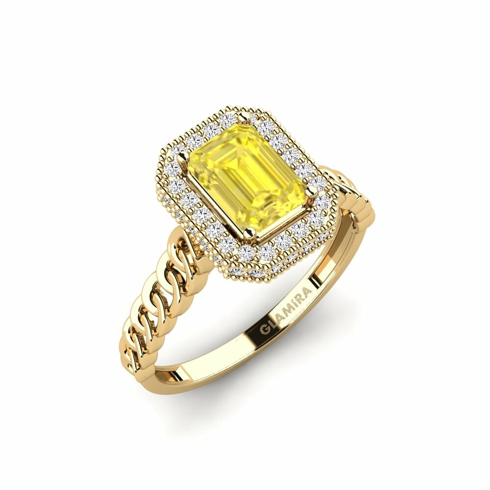 Emerald Cut 1.02 Carat Halo Yellow Sapphire 14k Yellow Gold Engagement Ring Breastwork