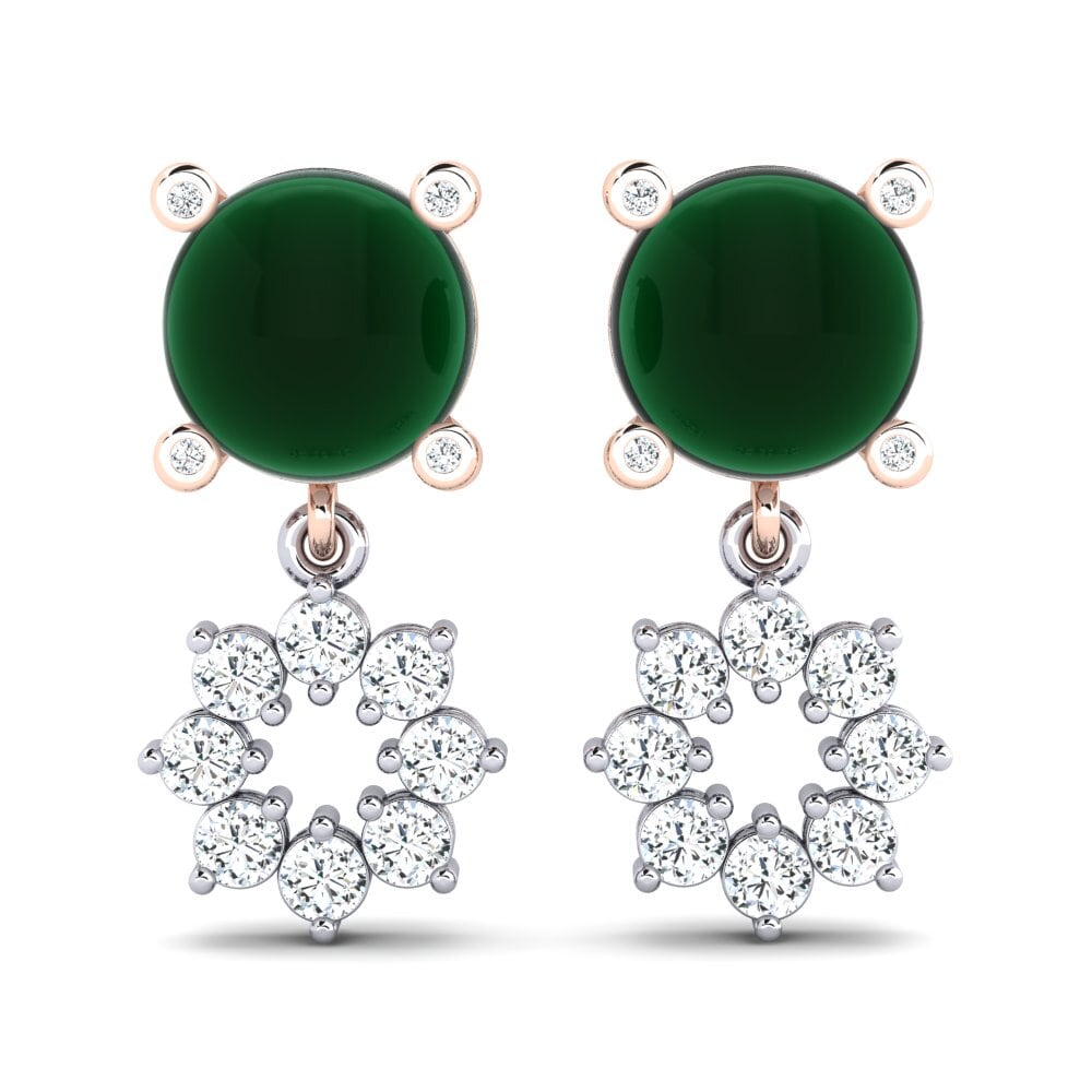 Pendientes 14k Oro Blanco & Rosa Esmeralda Cabujón Cabujón