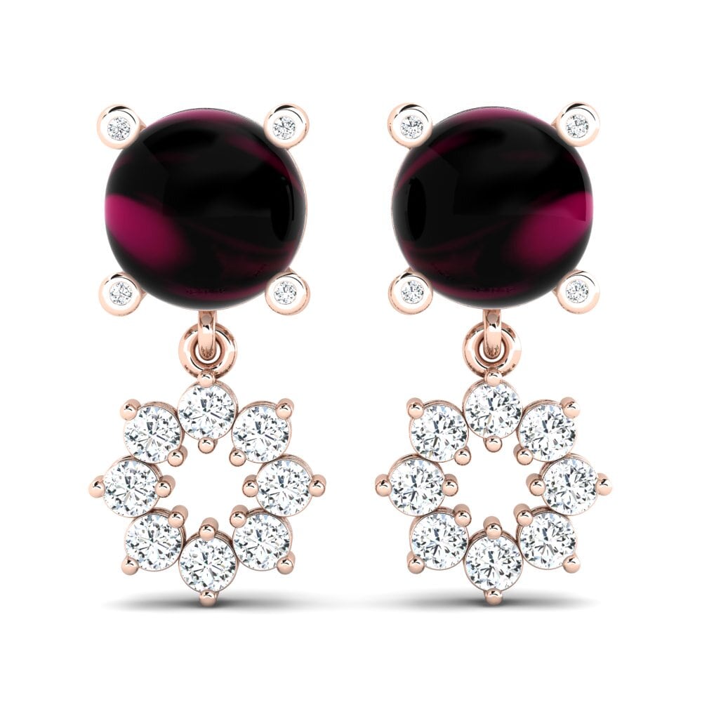 Pendientes 18k Oro Rosa Granate Rhodolite Cabujón Cabujón
