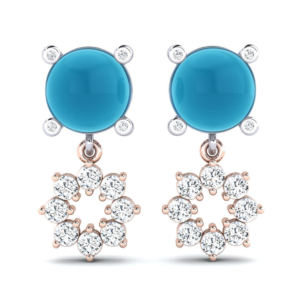 Anting-anting 585 Ros & Putih Emas Topaz Biru Cabochon Kaboson