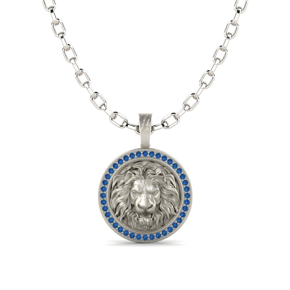9k Oro Blanco Circonita Azul Oscuro Colgante para hombre Brodeur