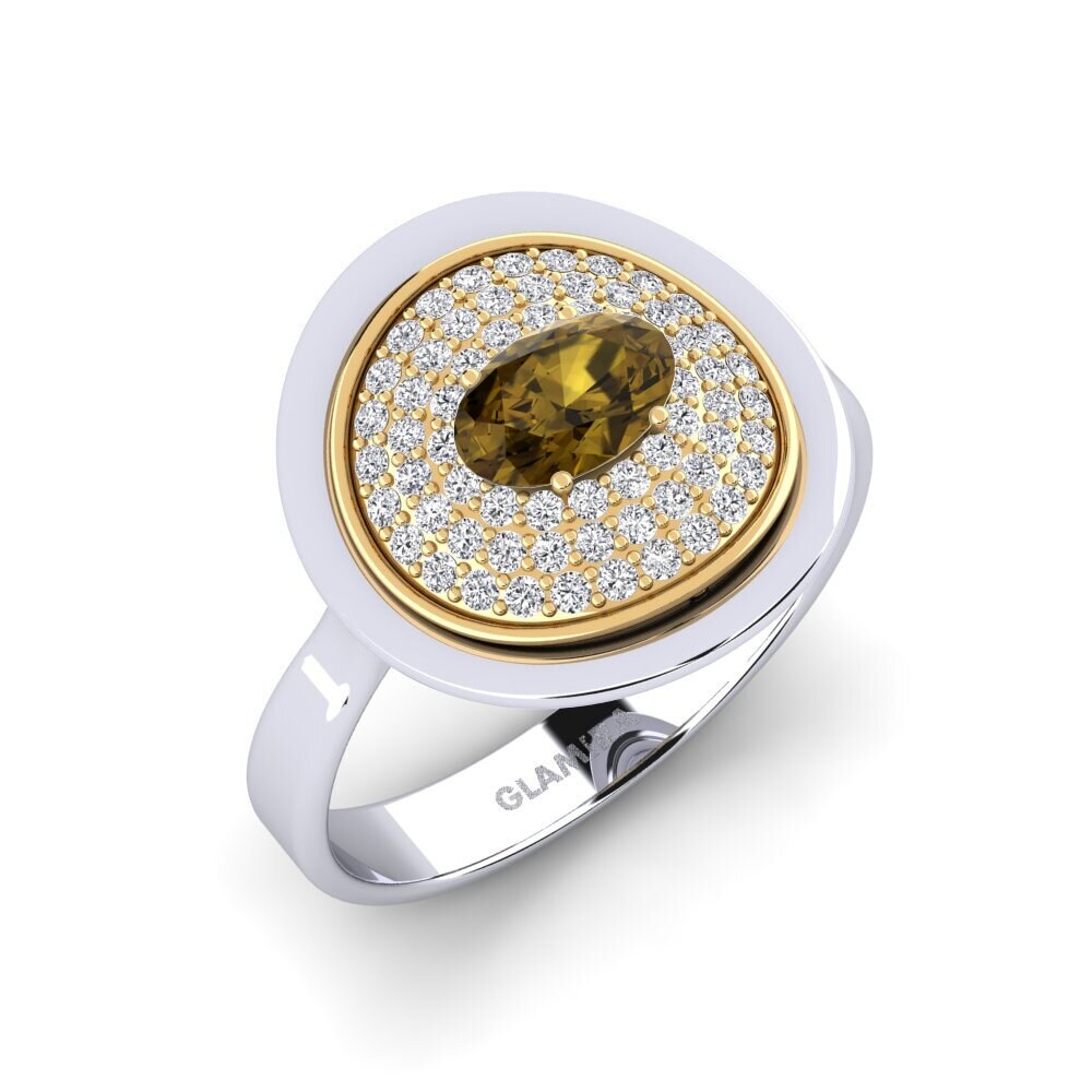 Or Blanc & Jaune 9k Zircon Brun Bague Calquera