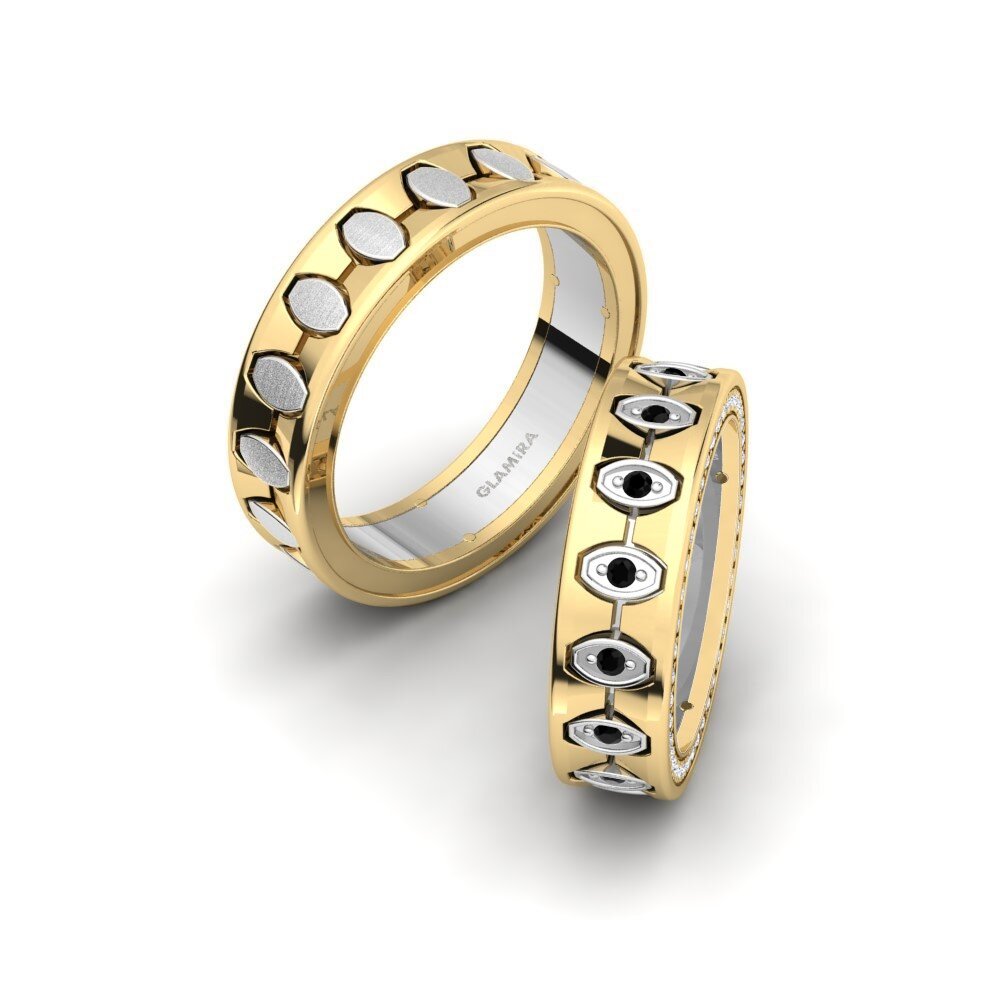 14k Yellow & White Gold Black Sapphire Wedding Ring Captivating Heart 6 mm