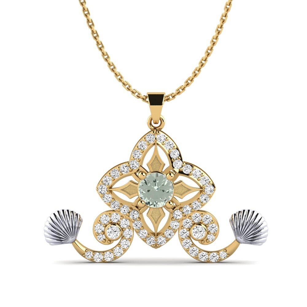 14k Oro Amarillo & Blanco Amatista verde Colgante de Mujer Cathedrale