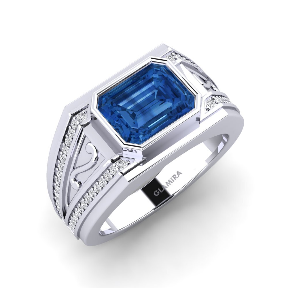 Oro Bianco 585 Zircone Blu Scuro Anello da uomo Chase