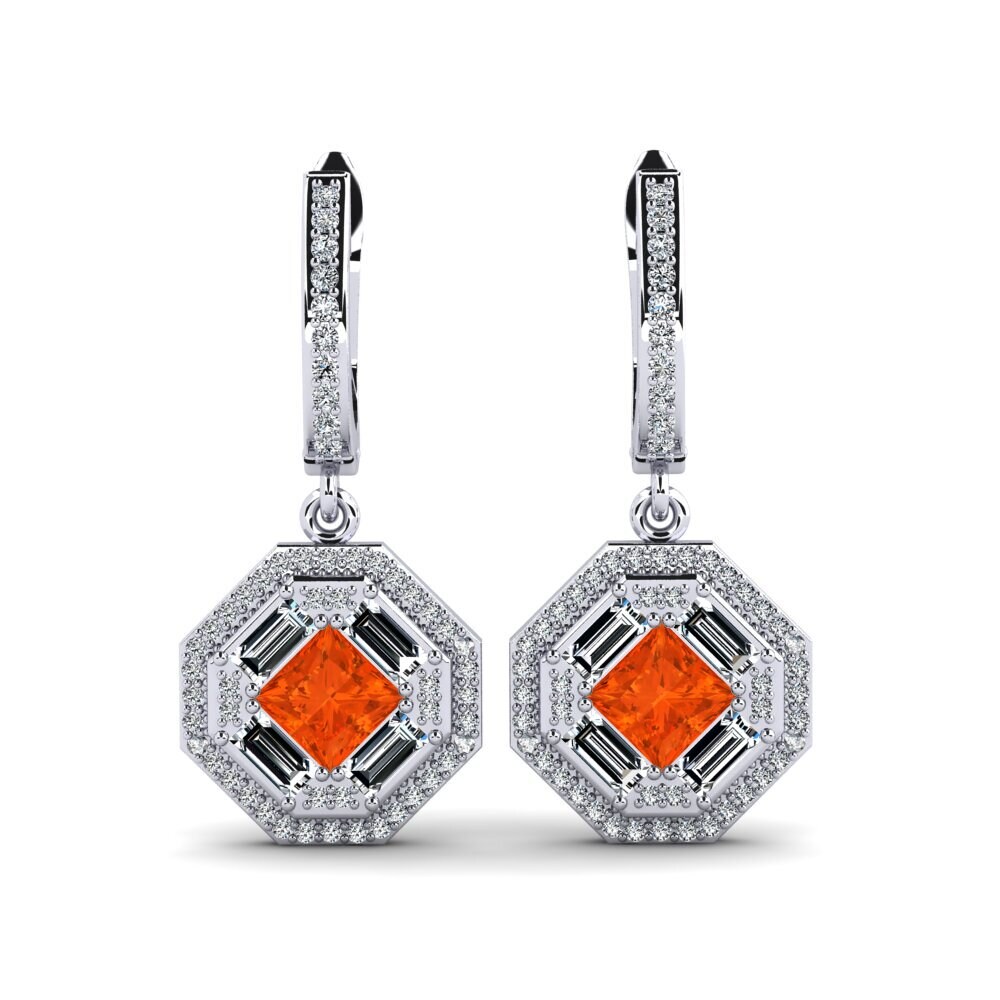 Boucles D'oreilles Pendantes En Plaqué Or Blanc Avec Opale De Feu Et Zircon - Neuf Sans Emballage