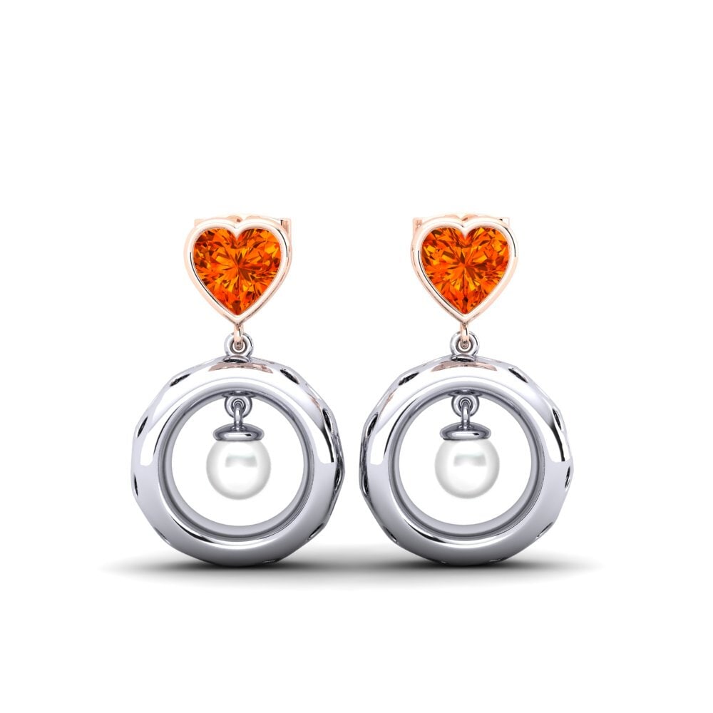 Cultured Pearls Orange Sapphire 9K White & Rose Gold Diamond Earrings
