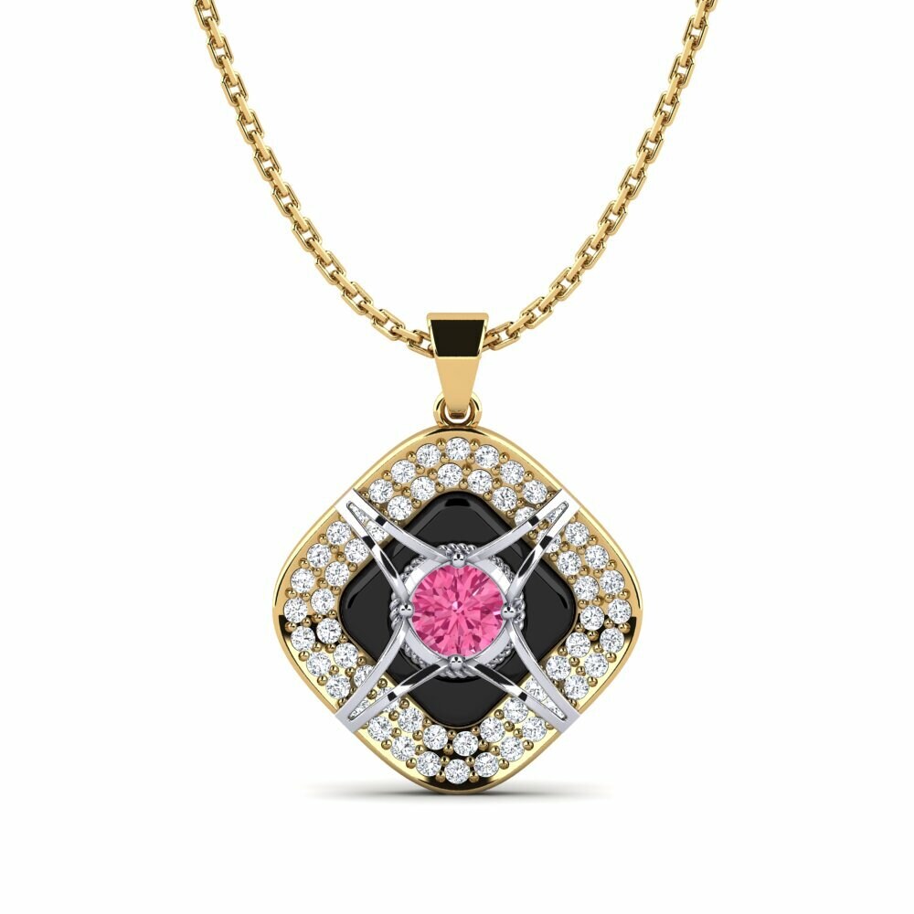 Dây chuyền Vàng-Trắng 9K Đá Tourmaline Hồng / Bích tỷ Gốm
