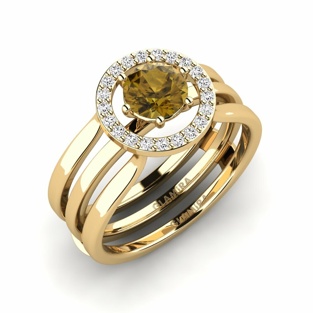 Or Jaune 18k Zircon Brun Bague Cwan - SET