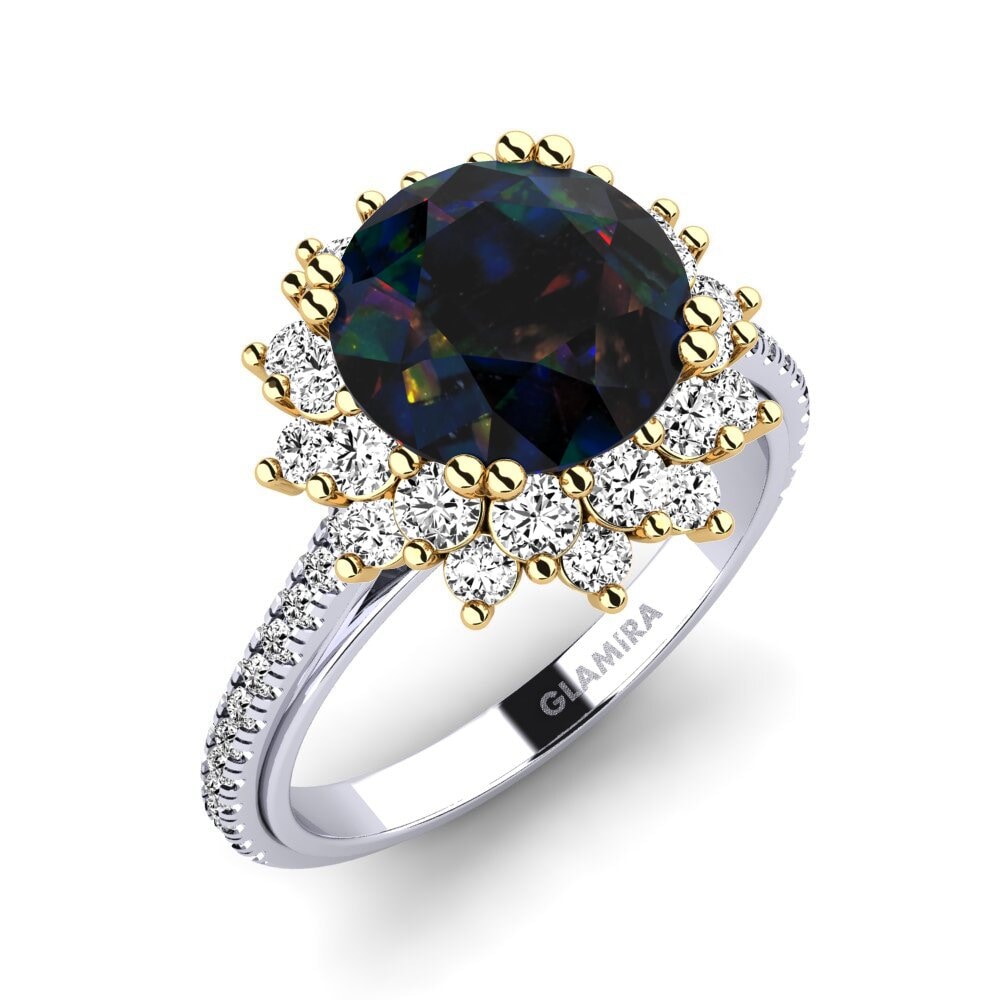 14k Oro Blanco & Amarillo Opalo Negro Anillo de compromiso Daffney 3.0 crt