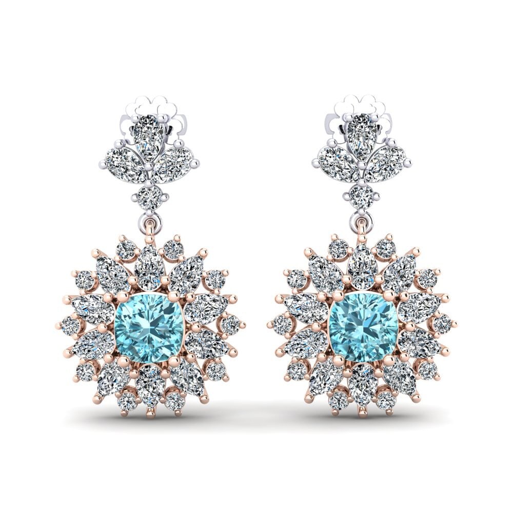 Pendientes 14k Oro Rosa & Blanco Circón Azul Premium
